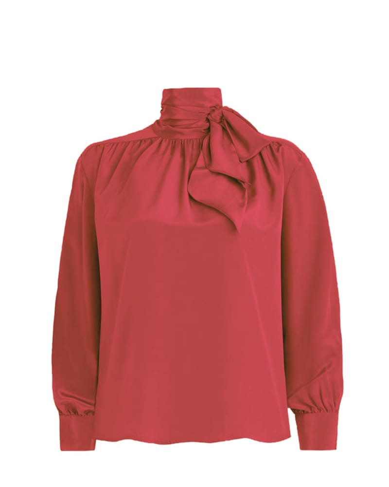 Front of a size 3 Silk Tie Neck Blouse in Coral in Coral by BAACAL. | dia_product_style_image_id:257779
